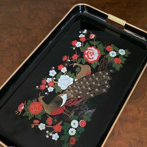 1970s Vintage Tray Japanese Peacock Black and Gold Rectangular Serving tray